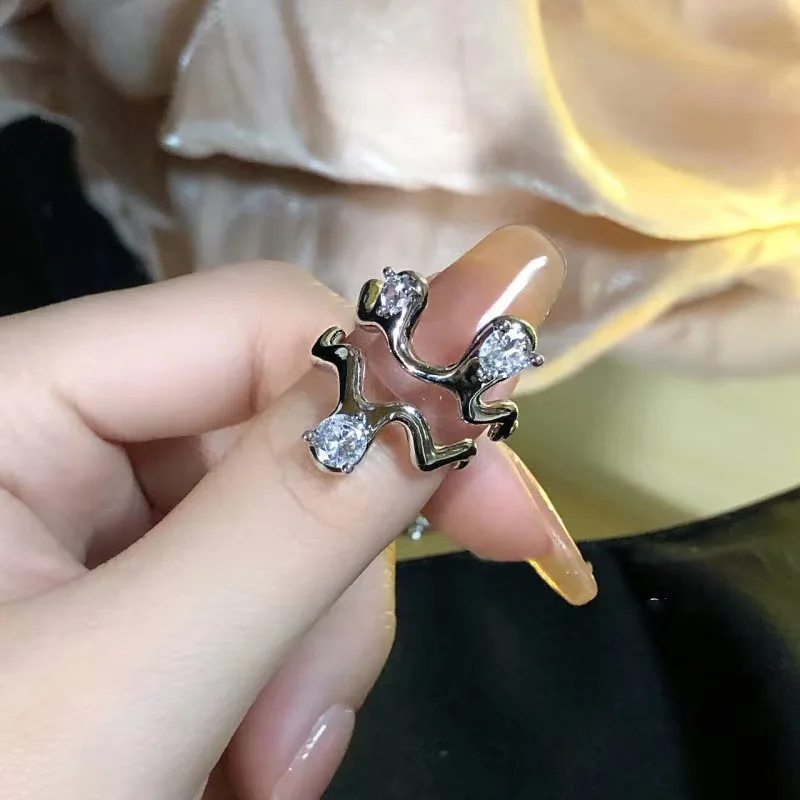 3 Stück/Set, unregelmäßiges Ring-Set in Silberfarbe mit Kristallen, Vintage-Zirkon-Edelstein, offener Ring für Damen, modischer Party-Schmuck, Accessoires. – Detail 11