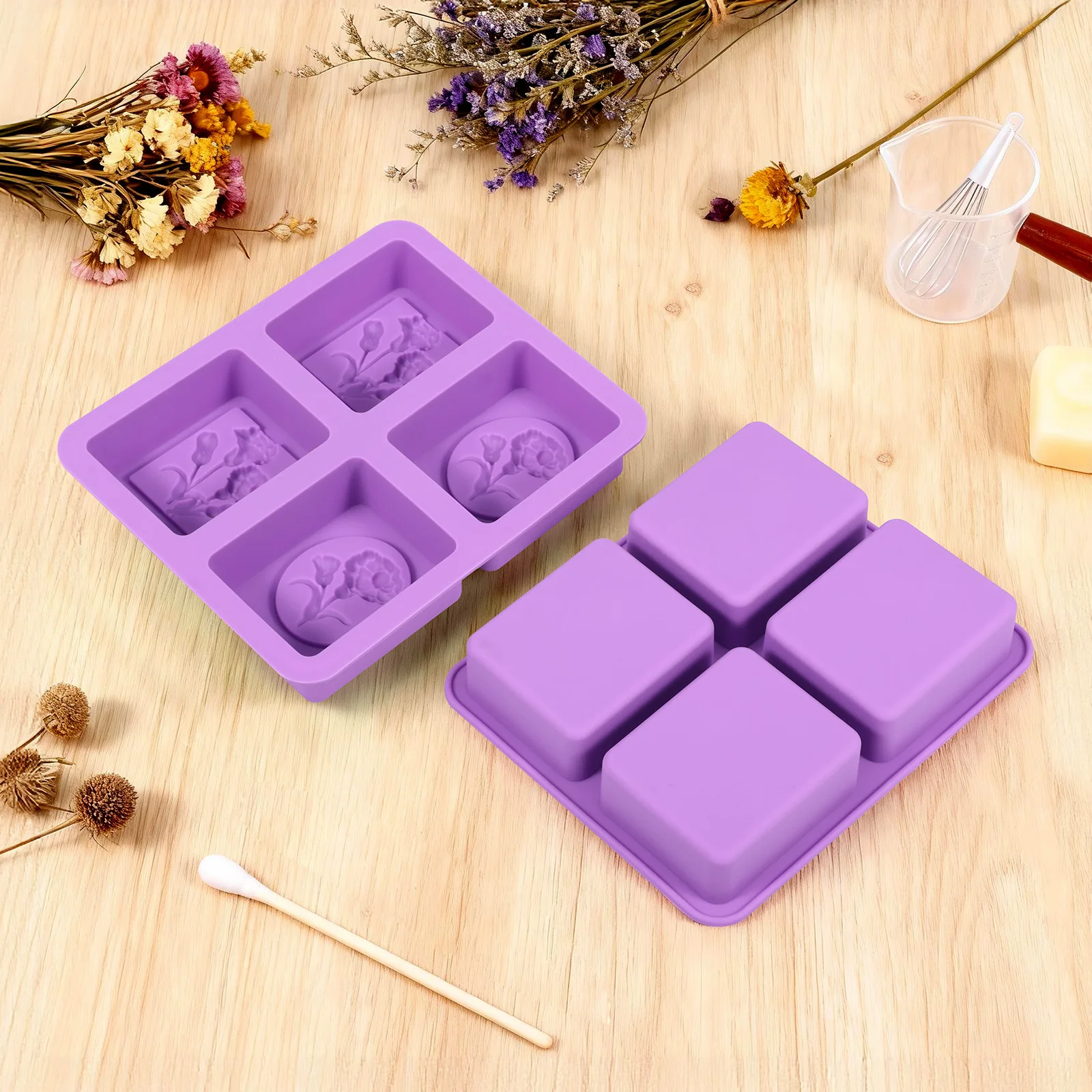 

2Pcs Square Flower Handmade Soap Silicone Molds DIY Aromatherapy Gypsum Mould Rectangle Essential Oil Soap Mold Making Mold