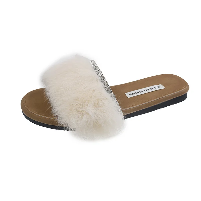 Low Flat Shoes Female Womens Slippers Outdoor Fur Flip Flops Slides Soft Plush Rubber Summer Rome Hoof Heels Fabric Shoes Slippe