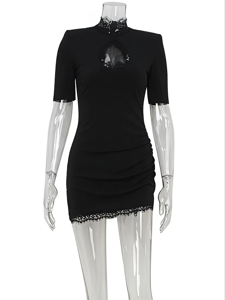 Chaxiaoa renda gola alta cortar sexy mini vestido feminino preto oco para fora manga curta magro clube vestidos de festa feminino