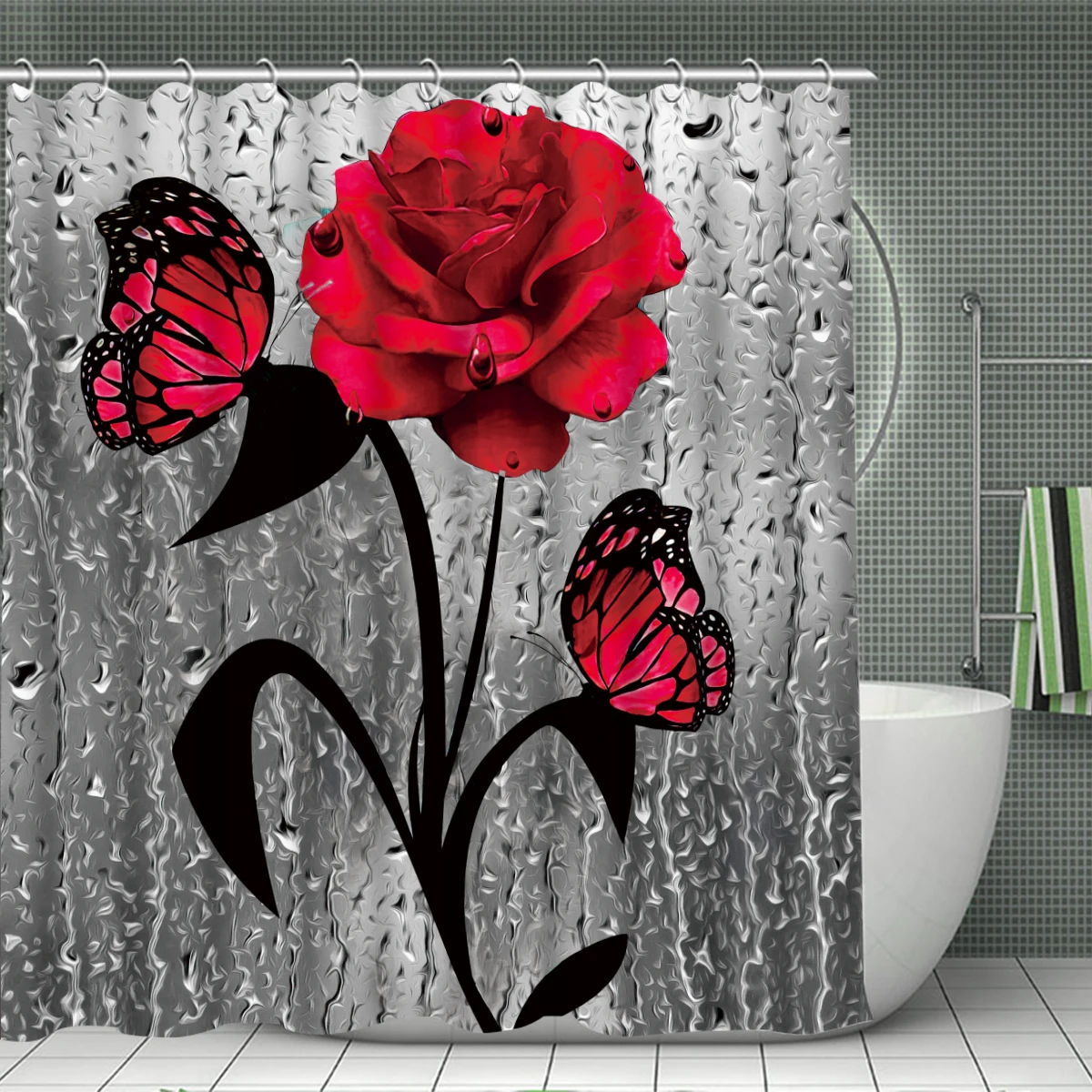 1/4 Piece Shower Curtain Set, Waterproof Bathroom Partition Curtain with Hooks, Anti-Slip Bath Rug, U Shape Mat, Toilet Seat Cov