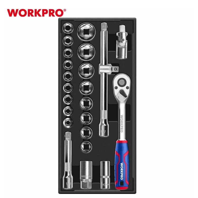 WORKPRO 24PC 1/2" Dr. Socket Wrench Set Mechanical Tools Cabinet Tool Tray
