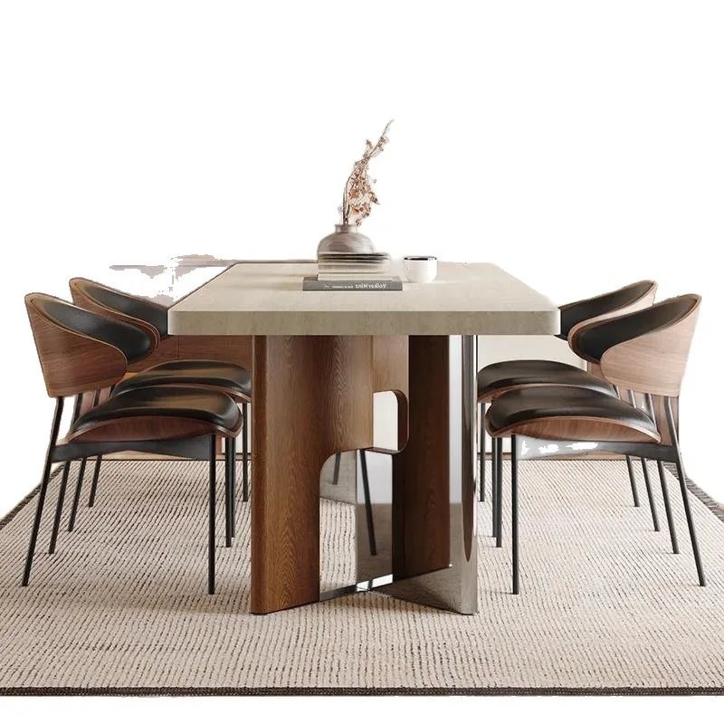 Retro travertine rock slab dining table and chairs solid wood home villa hanging rectangular dining table in the ancient style