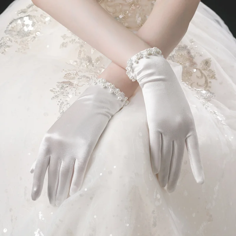 Elegant Women Wedding Bridal Short Gloves Full Finger Pearls  Wrist Length Costume Prom Party Gloves white gloves gelin