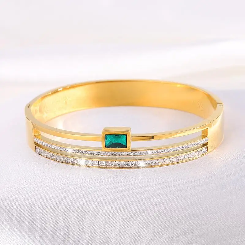 Gold Color Stainless Steel Wide Bangle Double Row Crystal Zircon Bracelet For Women High Quality Fashion Jewelry Gift image 4