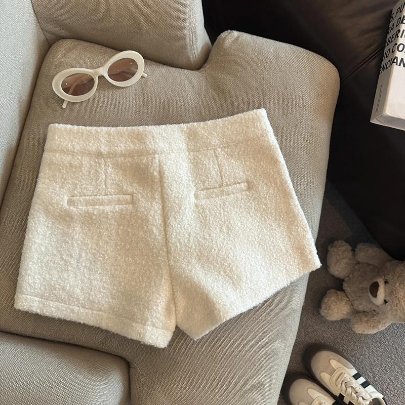 Women's Autumn Winter Wool&blend Wide Leg Shorts Lady Solid Color High Waist Loose Short Pants