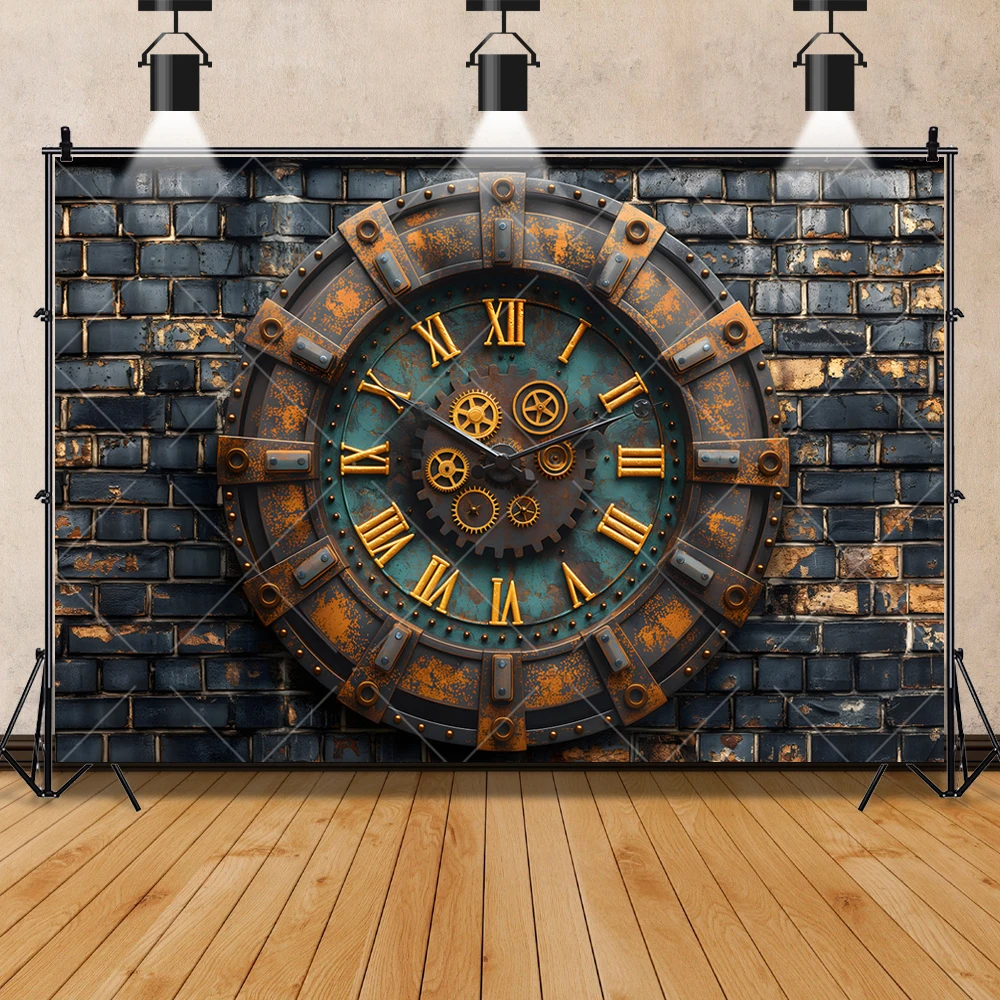 Retro Mechanical Clock Steam Era Kids Gifts Birthday Party Banner Backdrop Custom Kids Room Photo Poster Decor Studio Background