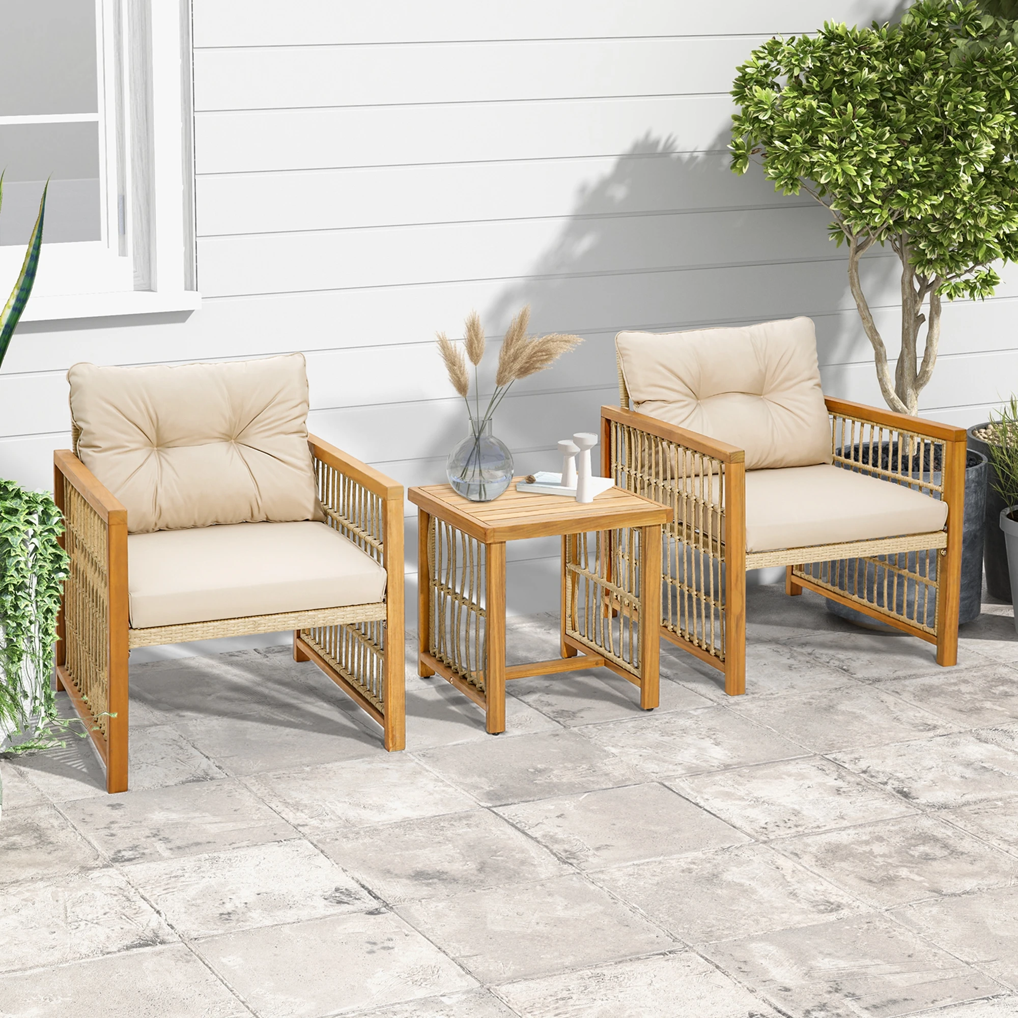 3PCS Patio PE Wicker Conversation Set Acacia Wood Frame withSeat & Back Cushions