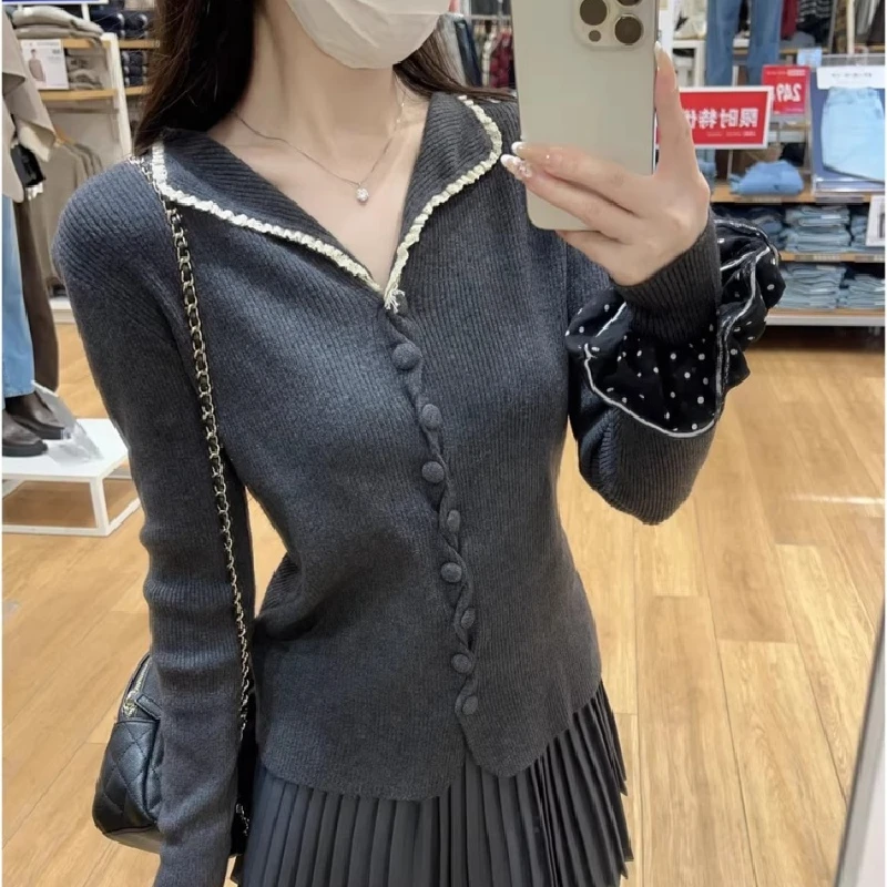 

Daliang Tangshan Slim Fit Knitted Sweater Lace Sleeve Turn-down Collar No Pilling High-end Women's Fashion Spring Cardigan