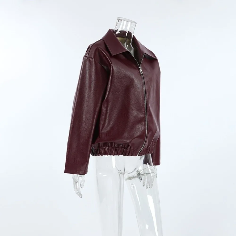 Vintage PU Leather Jacket Matte Shell Stand Collar Faux Leather Outer Zip Closure Wine Red Motorcycle Coat Weekend Hangout