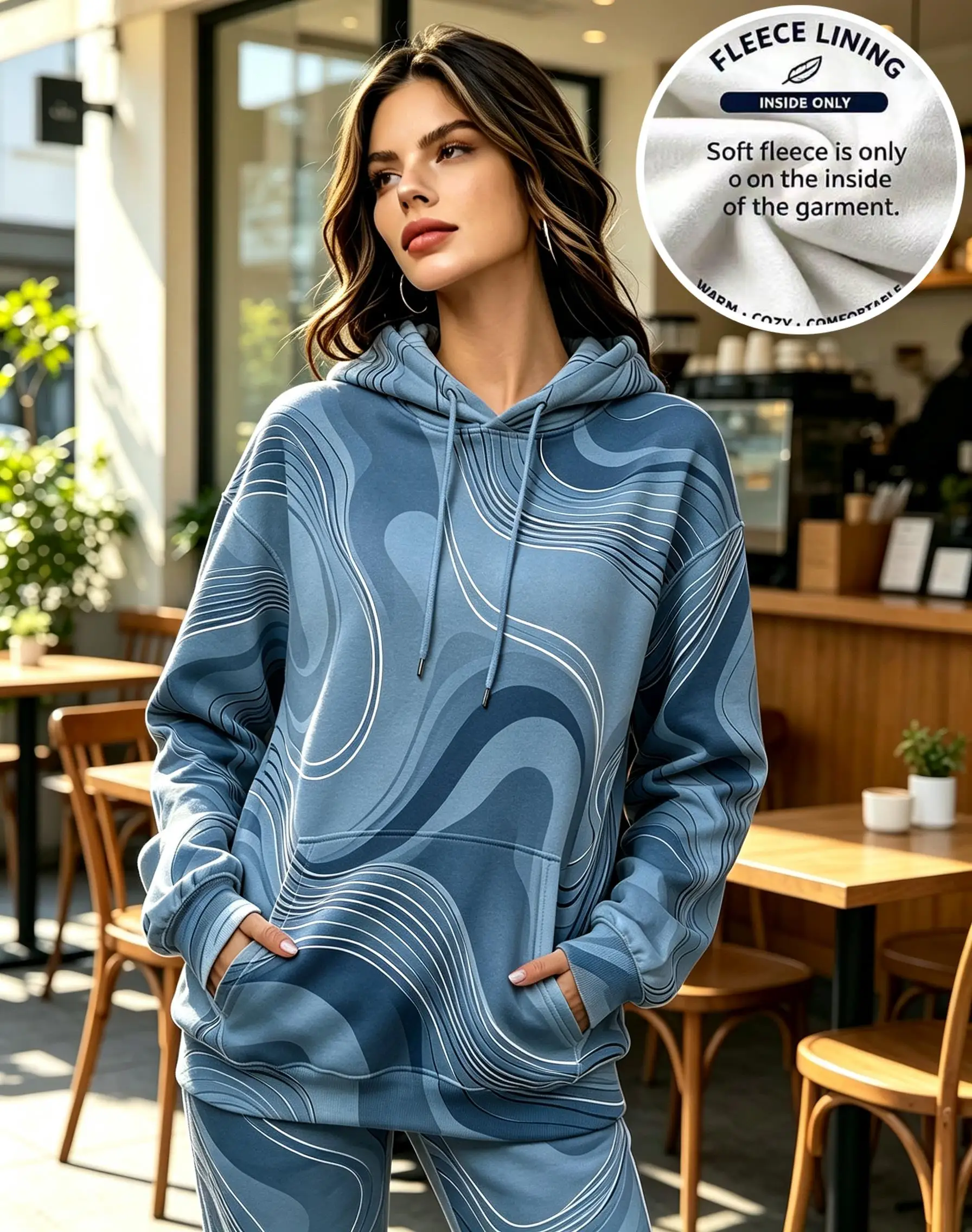Women Abstract Wave Swirl Pink Purple Print Fleece Hoodie Drawstring Pocket Casual Pullover Sweatshirt
