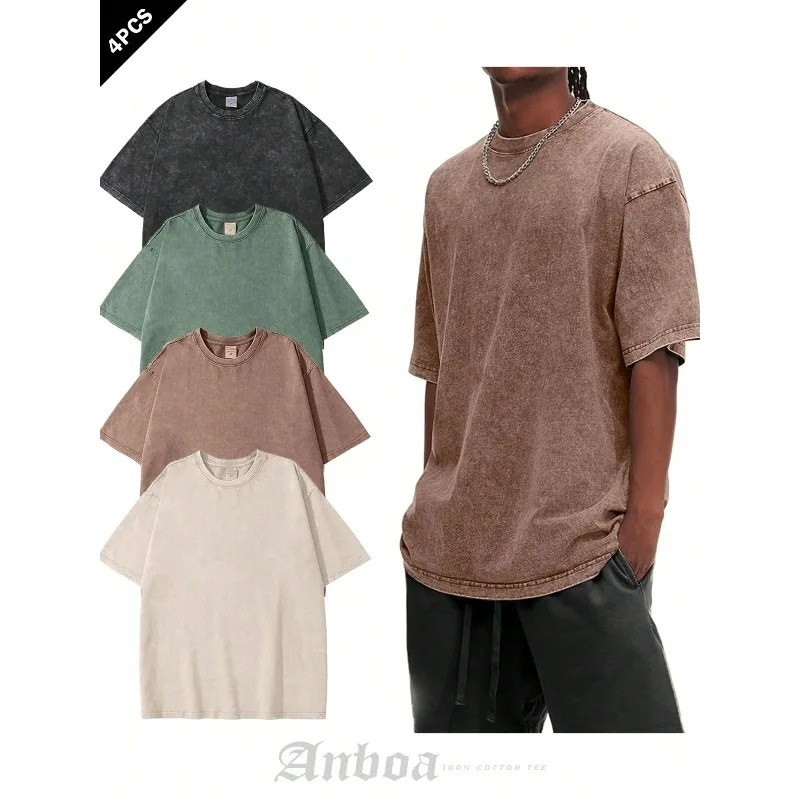 

4-Pack Men's Vintage Washed Oversized T-Shirts, Heavyweight Cotton Casual Tee Set