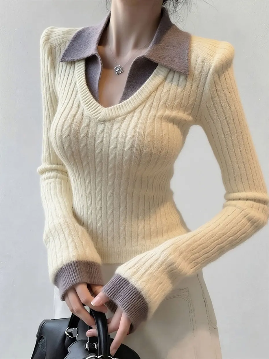 

Unique Knitted Sweater Women's Autumn Winter Fashionable Base Layer Outerwear Fake Two-Piece Top Milkiness Soft Polyester Fiber