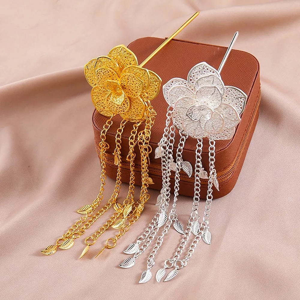 

Ancient Thai Metal Flower Hair Fork Ethnic Style Rhinestone Golden Tassels Hair Fork Leaves Waterproof Silver Rose Hair Sticks