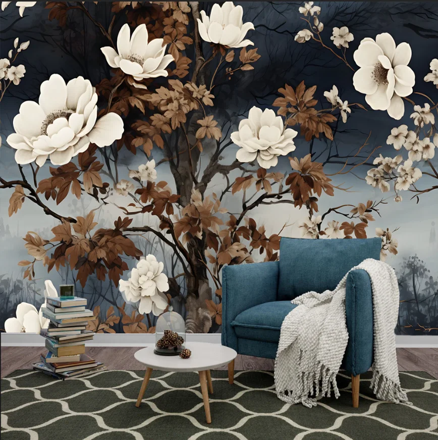 Customized size wallpaper hand-painted peacock peony flower wallpaper home decoration blue background big tree flowers 3d murals