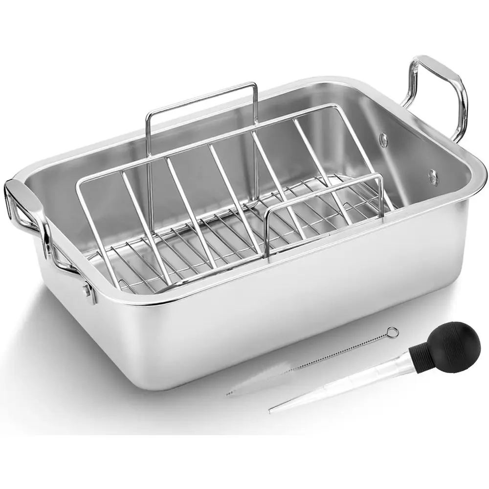 

15 Inch StainlSteel Roasting Pan with Cooling Rack - Turkey, Chicken, Ham Roaster with V-Shaped Bg Rack by Kendane