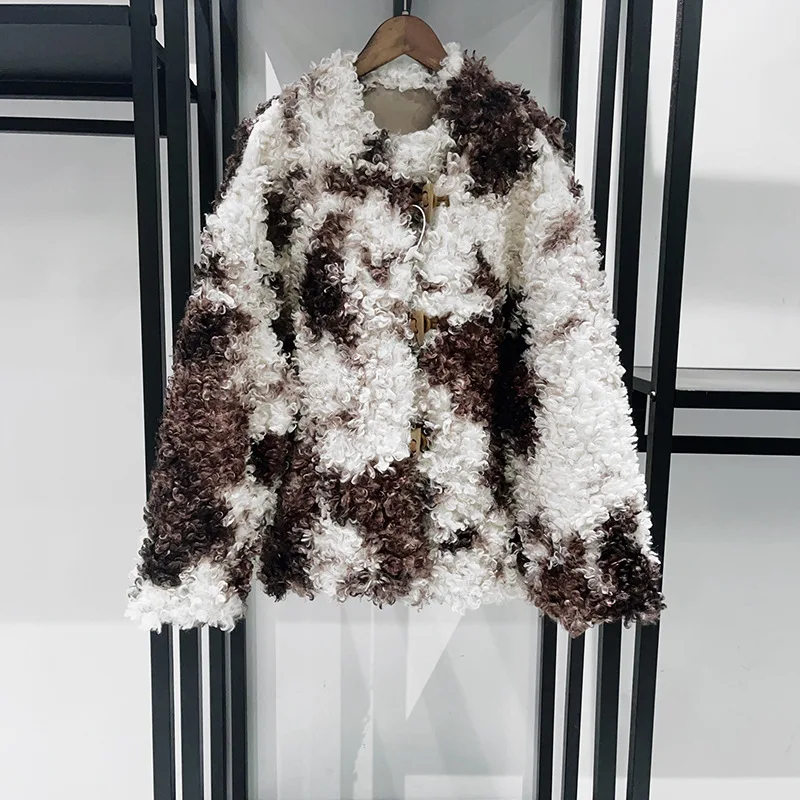 

【Gift Free】2025 Autumn Winter French Niche Cow Print Faux Fur Coat, Loose Round-Neck Horn-Button Plush Jacket for Women