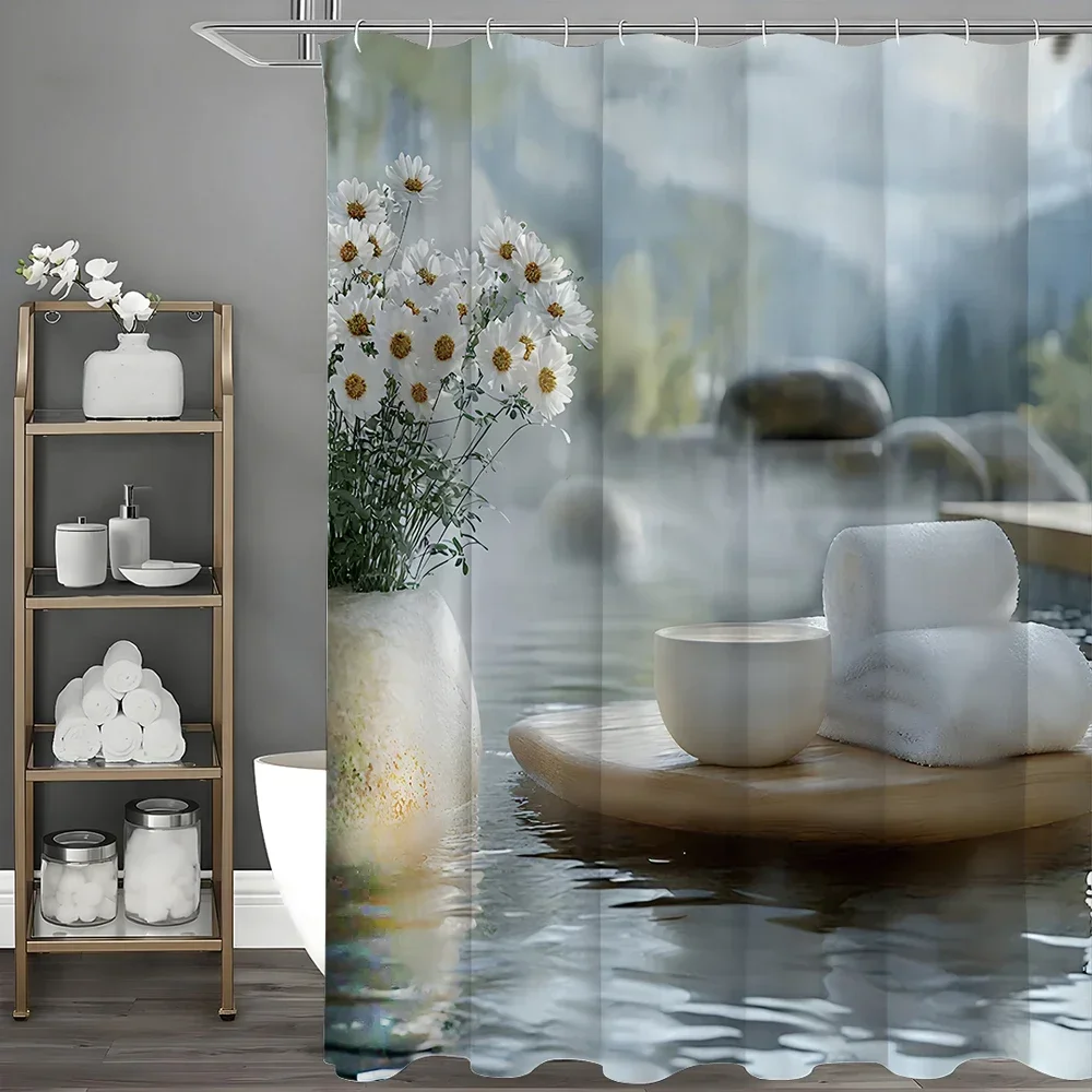 YXAsian Zen Stone Shower Curtain, Chrysanthemums, Trees, Water Reflections, Hot Springs, Simple Japanese Theme Designs