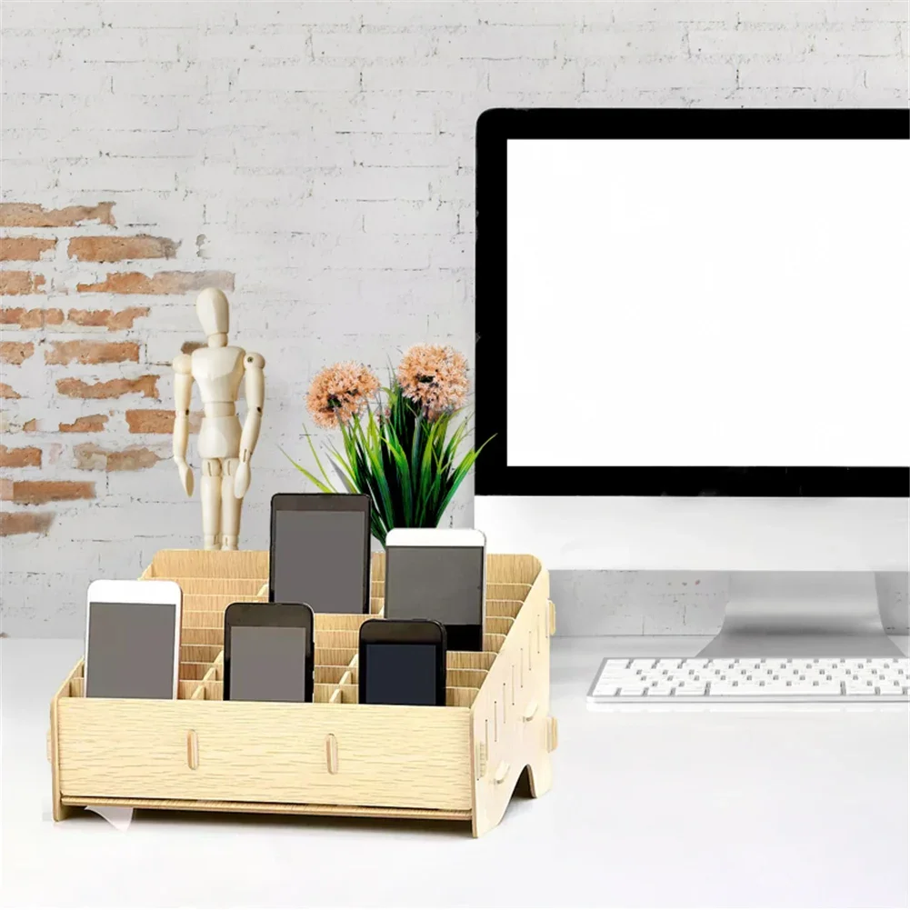 Wooden Mobile Phone Management Storage Box Creative Desktop Office Meeting Finishing Grid Multi Cell Phone Rack Shop Display