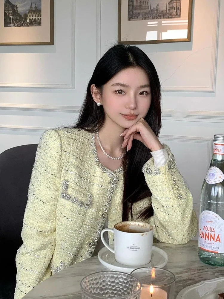 

Ele Sweetened iny Tead Embedded Diamond Heavy Industry Open Cardigan Women's Faion Sle Small Fraance Sle Loos...