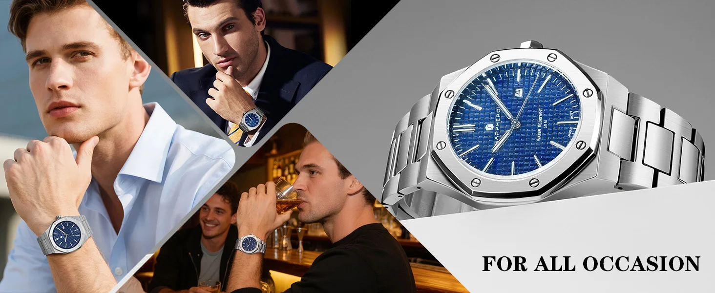 SAPPHERO Herren Analog Uhr, Edelstahl hochpräzises Quarzwerk, Datumsanzeige, 50M Wasserdicht, Business Casual Armbanduhr, kratzfest langlebig, perfektes Geschenk für Geburtstag Fest Alltag und Geschäftsanlässe – Detail 2