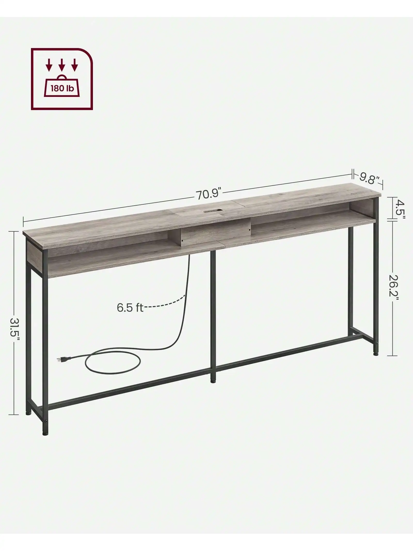 VASAGLE 70.9-Inch Console Table with Outlet and Shelves, Sofa Table with Charging Station, Behind Couch Table Skinny