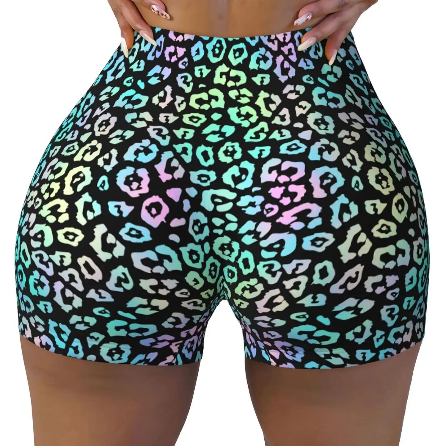 شورت نسائي بدون خياطة للتمرين بطبعة الفهد النيون لراكبي الدراجات النارية واليوجا والجري والصالة الرياضية من الألياف اللدنة للنساء