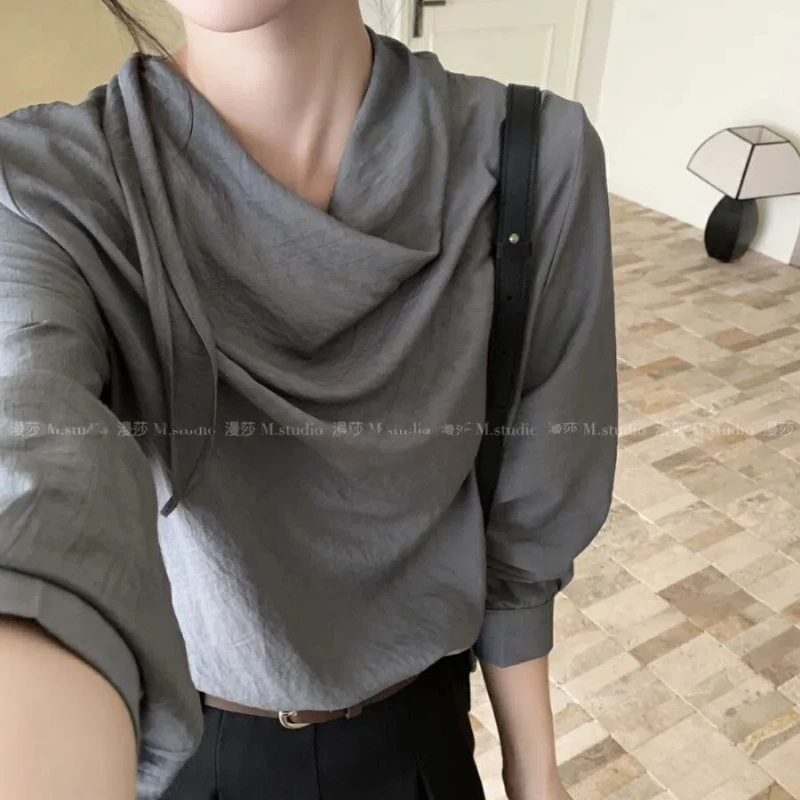 Folding Pile Collar Shirt Women's Long Sleeved Chic Top Autumn New Design Niche and Lazy Style Temperament Small Casual Shirt