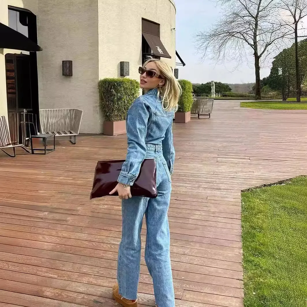 Jumpsuit Denim satu potong untuk wanita, jumpsuit wanita Lengan penuh kerah lipat Slim Fit pinggang ketat kaki lebar celana panjang overall kasual