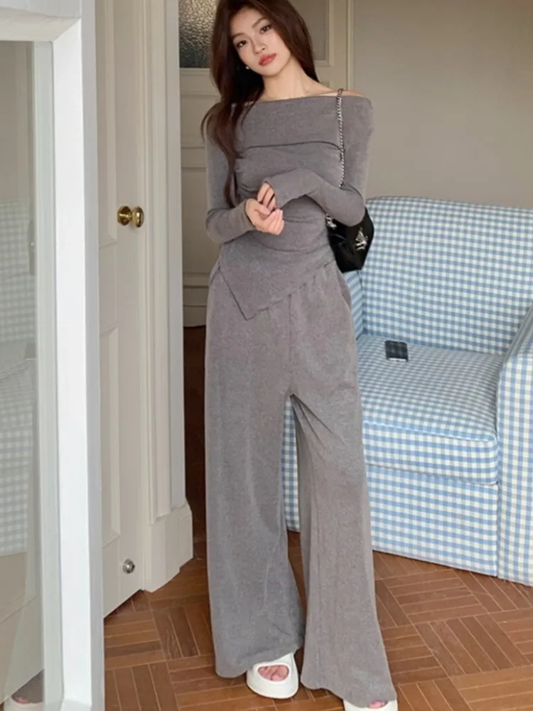 

Autumn Korean Elegant High Street Two Piece Set Casual Women Slash Neck Long Sleeve Wide Leg Pants Fashion Solid Slim Outfits