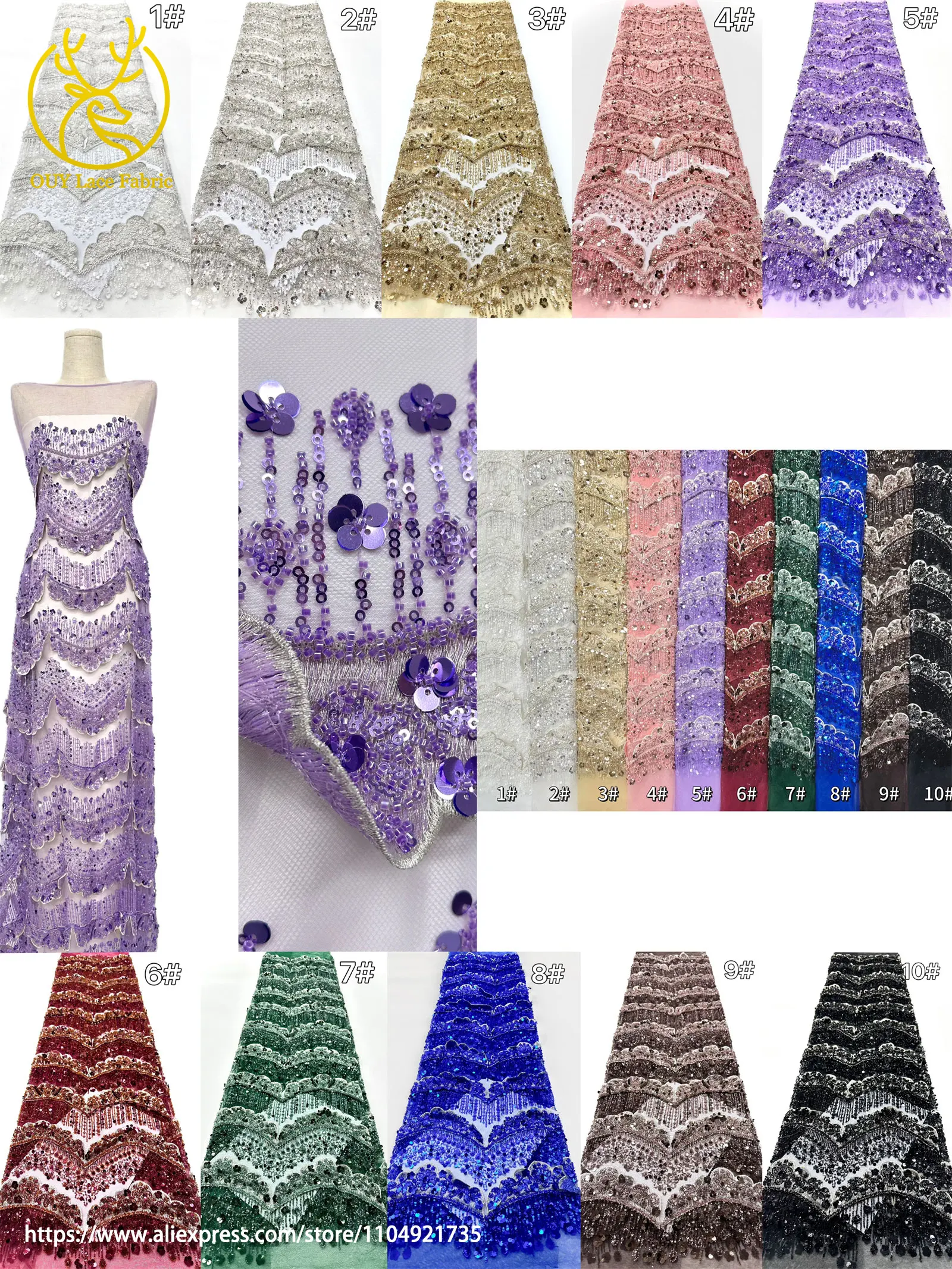 3D Luxuriöser Afrikanischer Stickerei-Spitzenstoff 2026 Hochwertiger Französischer Perlen-Pailletten-Spitzenstoff für Brautkleider und Festkleider – Detail 3