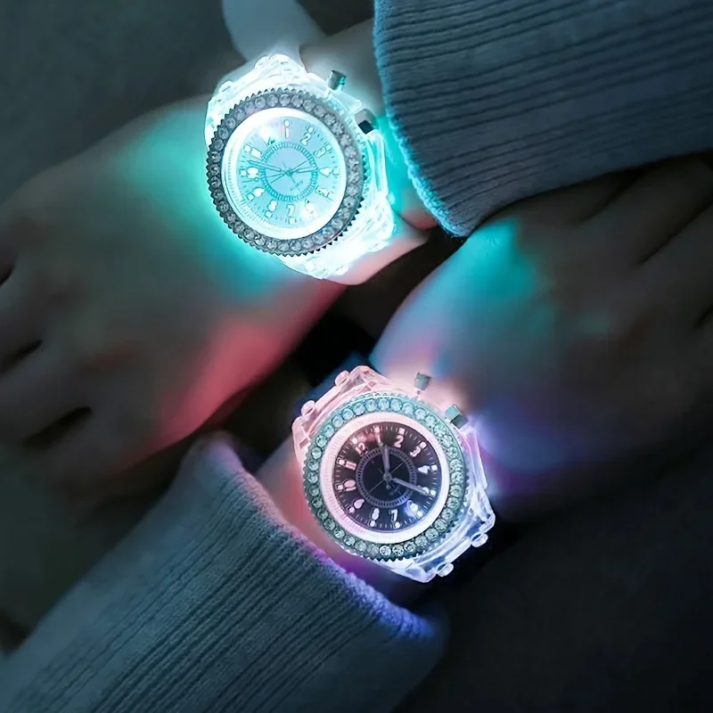 Luminous Round Digital Watches Solid Color Inlaid Rhinestone Sports Watch Couple Waterproof Wrist Watch