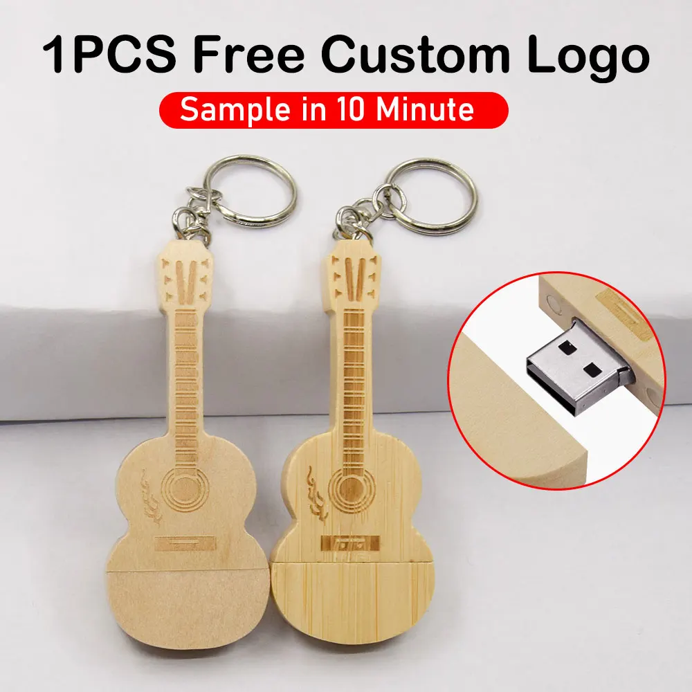 แฟลชไดรฟ์ไม้รูปกีตาร์ สลักโลโก้ฟรี ความจุ 128GB 64GB 32GB ความจุจริง 100% ของขวัญสุดสร้างสรรค์พร้อมสายคล้อง