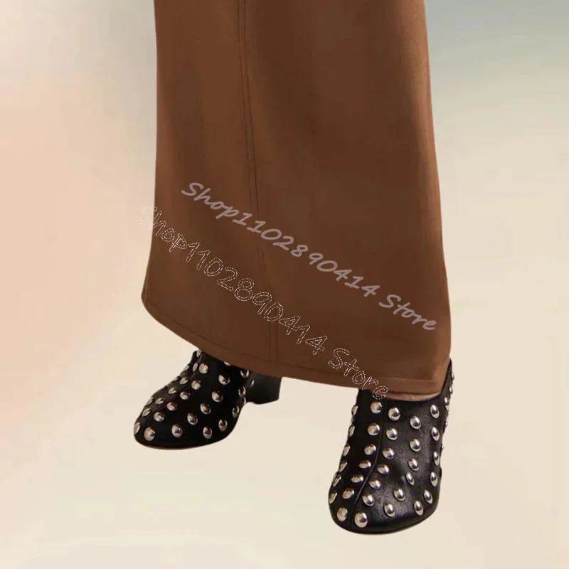 Silver Round Rivets Decor Black Wedges Heel Slippers Slip On Women Shoes Fashion Party Banquet Runway 2026 Zapatos Para Mujere