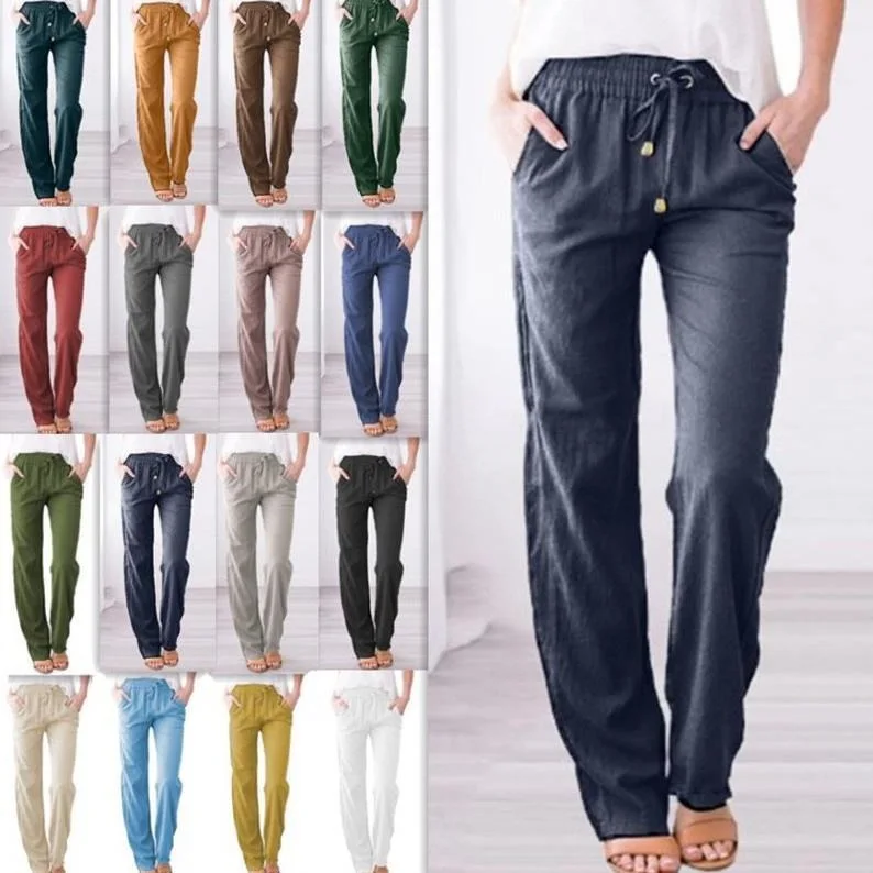 

Women Cotton Linen Trousers Solid Color Drawstring Straight Baggy Pants Lady Casual Wide Leg Loose Pants with Side Pockets