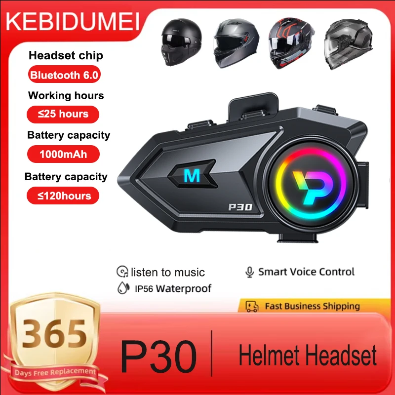 

P30 Motorcycle Intercom Helmet Headset 300M Wireless Communication Interphone Handsfree Call Music Player Speaker Earphone
