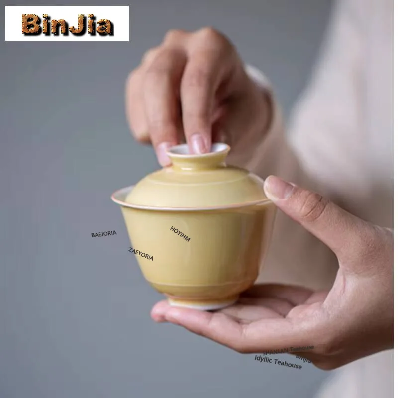 115ml Honey Yellow Gaiwan Boutique Cup Saucer Tea Tureen Household Tea Bowl With Lid Kit Tea Making Cover Bowl Teaset Ornaments