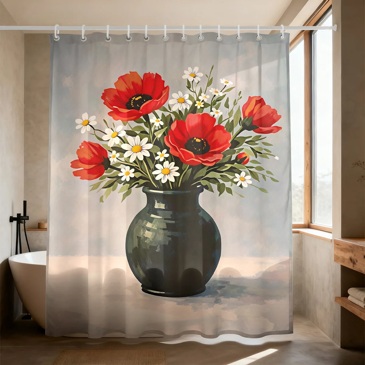 Vintage Still Life Floral Shower Curtain Polyester Digital Printing Dark Vase Red Poppies White Daisies Bouquet Soft Background