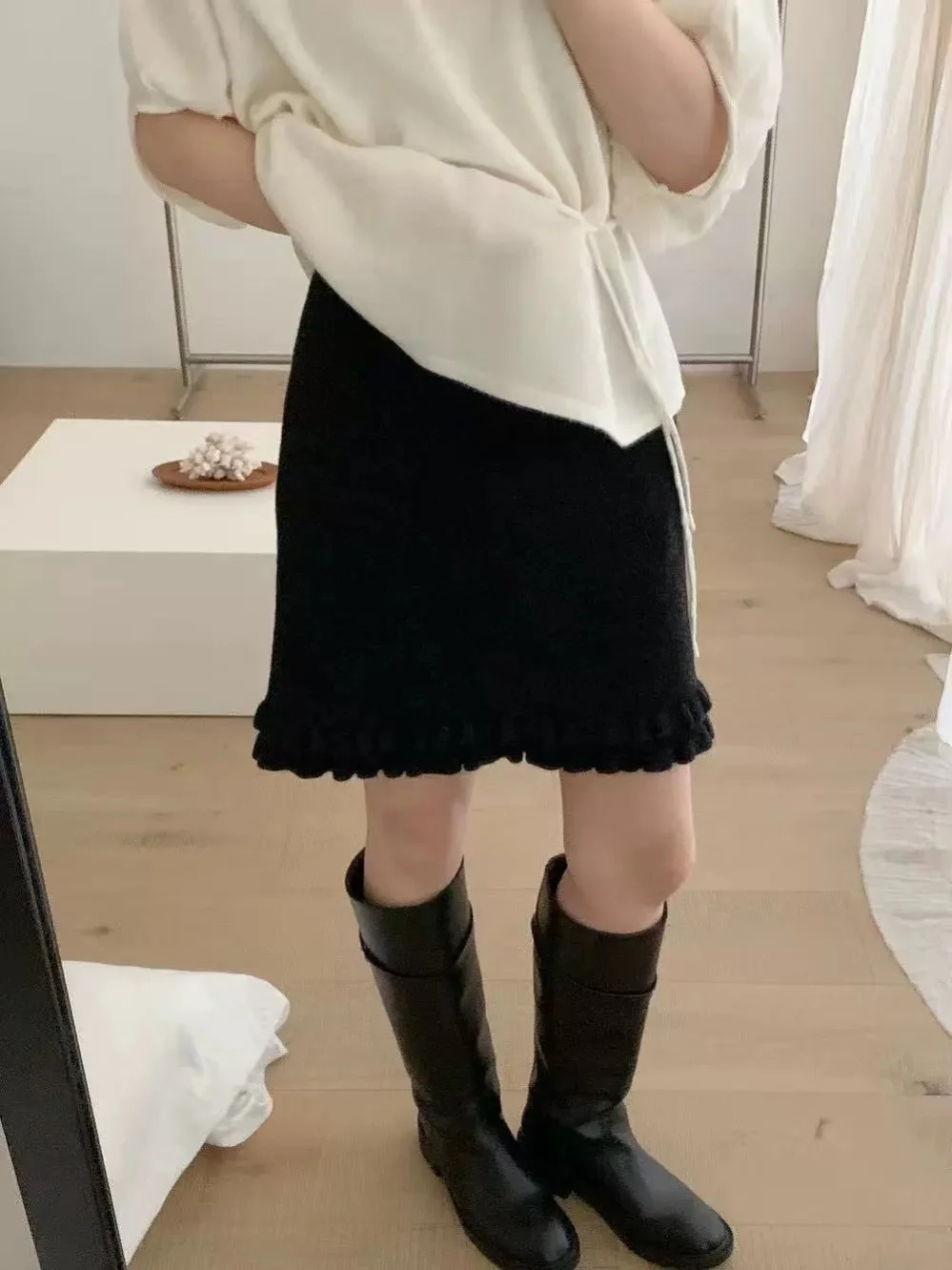 

Зимняя шерстяная вязаная юбка-трапеция прямого кроя с высокой талией для женщин, модная короткая юбка для повседневной носки, полиэстер