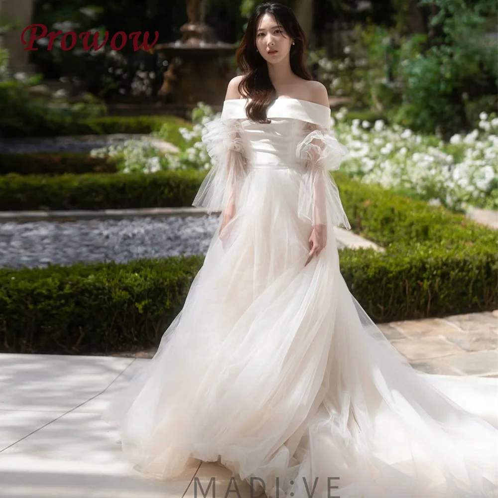 

Prowow Elegant Off the Shoulder Wedding Dresses Pleats Tulle Full Sleeves Bridal Gowns Customized Sweep Train Korea Photoshoot