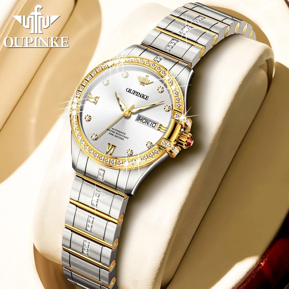 OUPINKE Diamond Automatic Watches for Women Sapphire Mirror Waterproof Calendar Original Impored Movement Mechanical Wristwatch