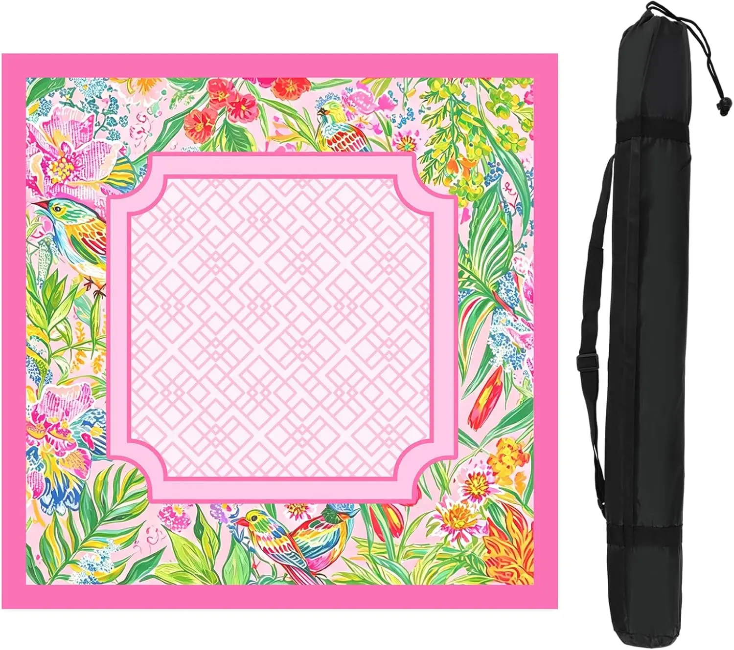 31.5 Inch Chinoiserie Bird Floral Mahjong Mat with Carrying Bag Pink Green Flower Non-Slip Noise Reduction Game Table Cover