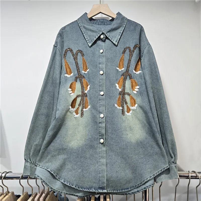 

SuperAen Retro Embroidered Design Shirts for Women 2026 Spring New Korean Style Loose Single Breasted Denim Shirts