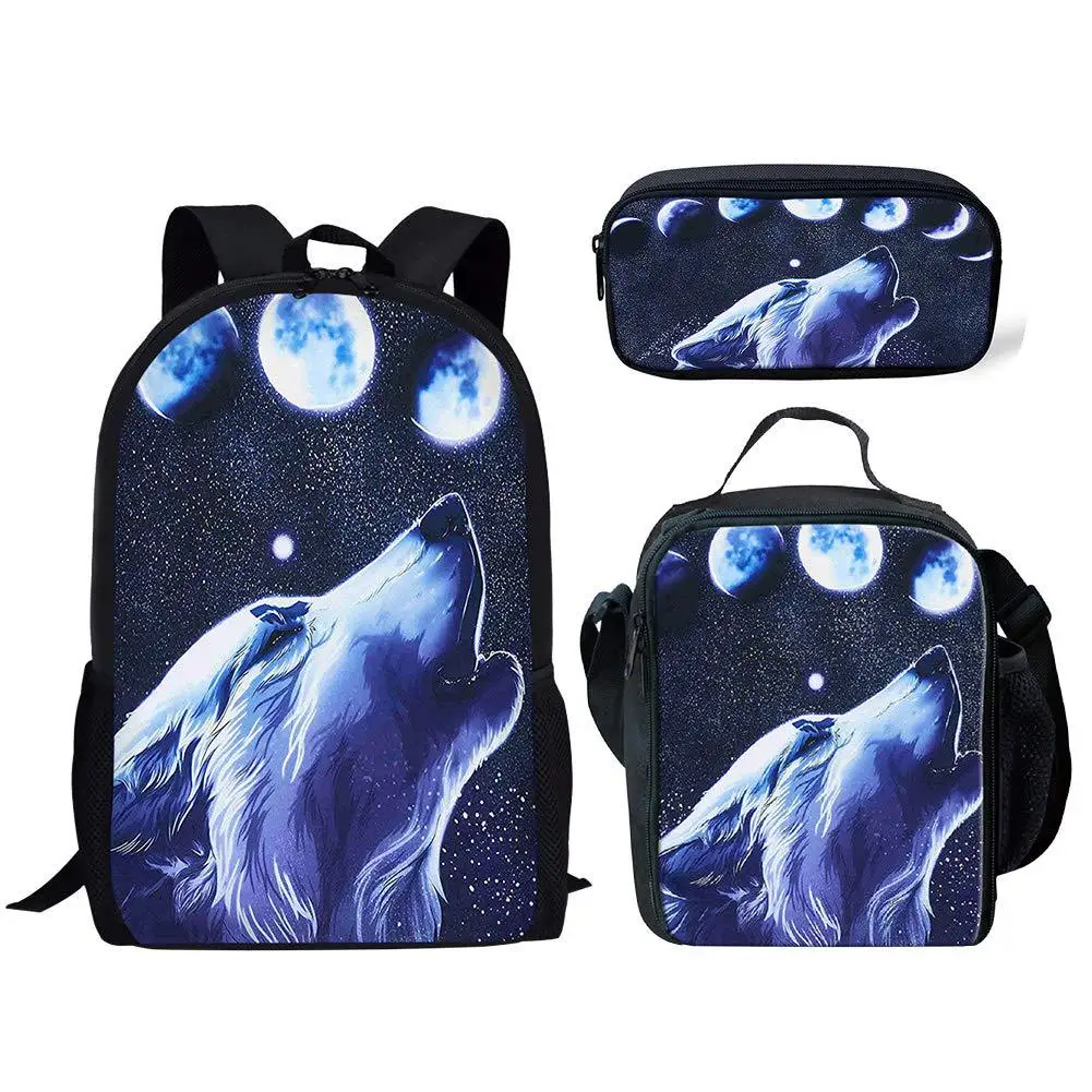 Creative Wolf Totem 3D Print 3Pcs/Set School Bag Student Teenager Boys Girls Campus Daily Storage Backpack Lunch Bag Pencil Bag