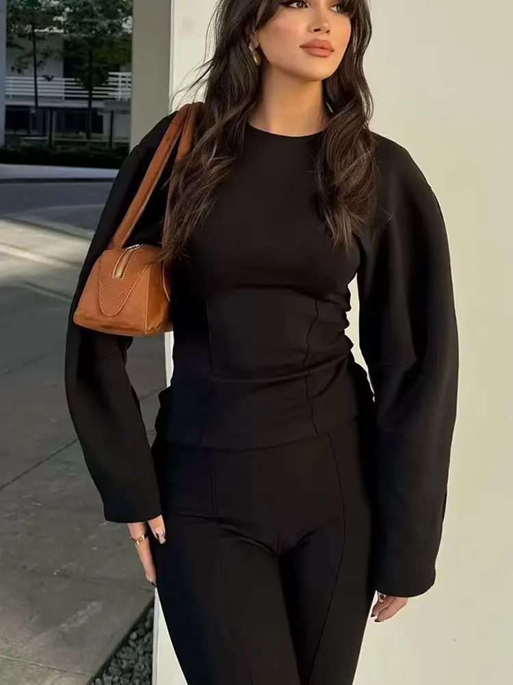 

HH Women's New Fashion Slimming 2-Piece Set Double-Sided Fabric Round Neck Long-Sleeve Top+Elegant Stretch Casual Long Pants