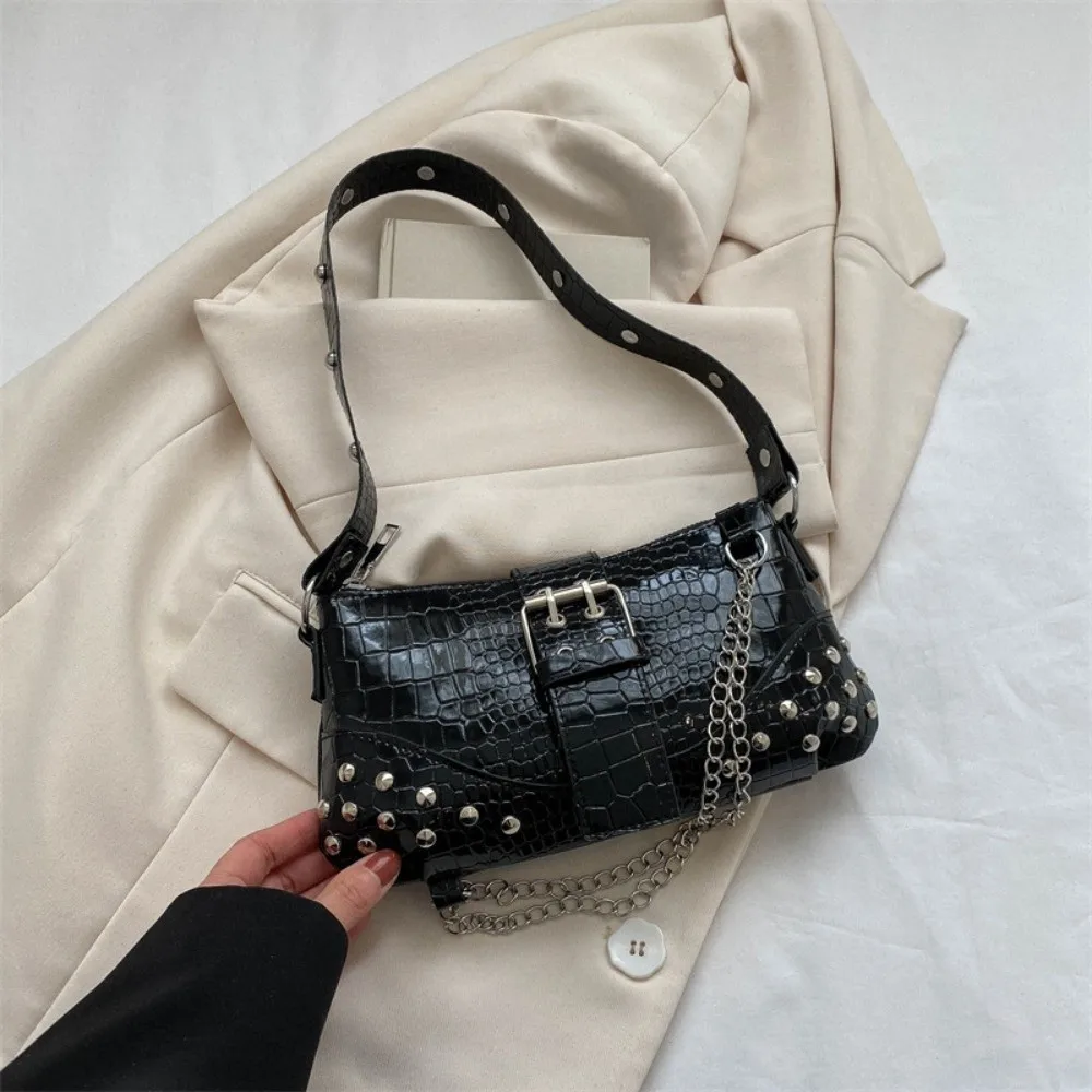 

Y2K Crocodile Underarm Bag Large Capacity Korean Style PU Rivet Chain Handbag High Quality Solid Color Texture Shoulder Bag