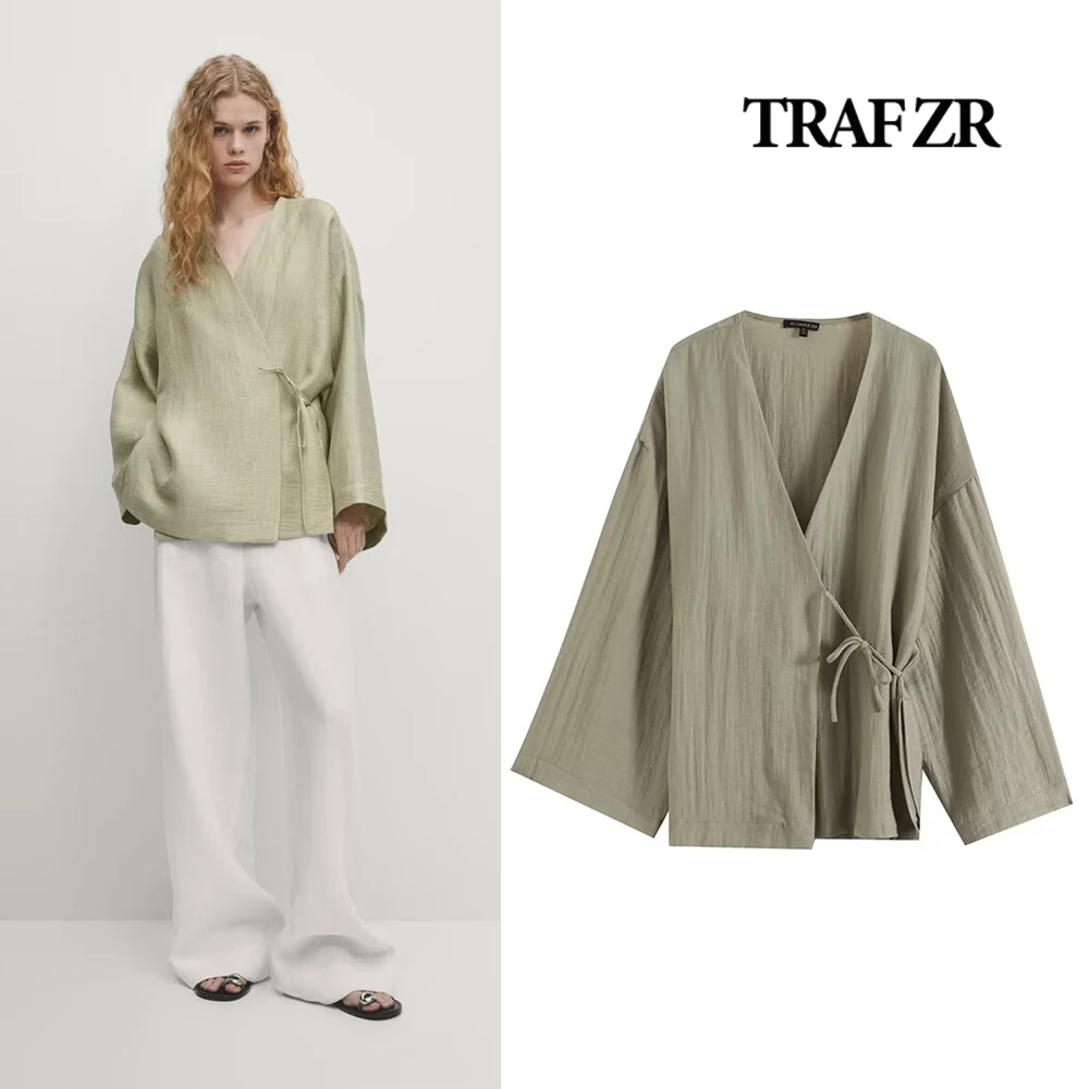 

TRAF ZR Shirt & Blouse Chinese Style Wrinkled Long Drop Sleeves Woman Shirts Side Vents Stylish Plunging V-neckline Wrap Tops