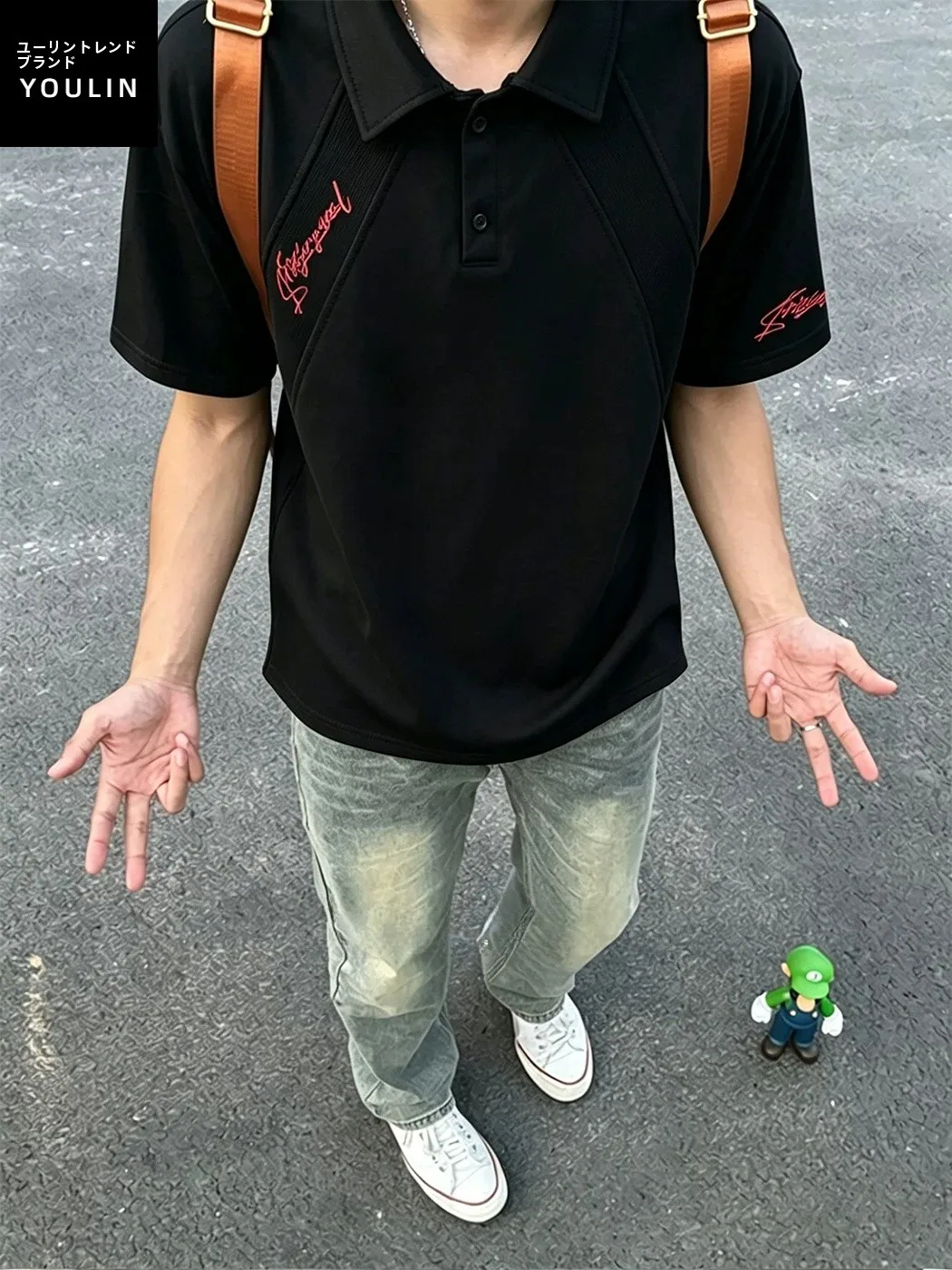ブラックデコンストラクト刺繍入り半袖ポロシャツ-メンズサマーヘビーウェイト襟付きtシャツ-クリーンフィット軽量コットン