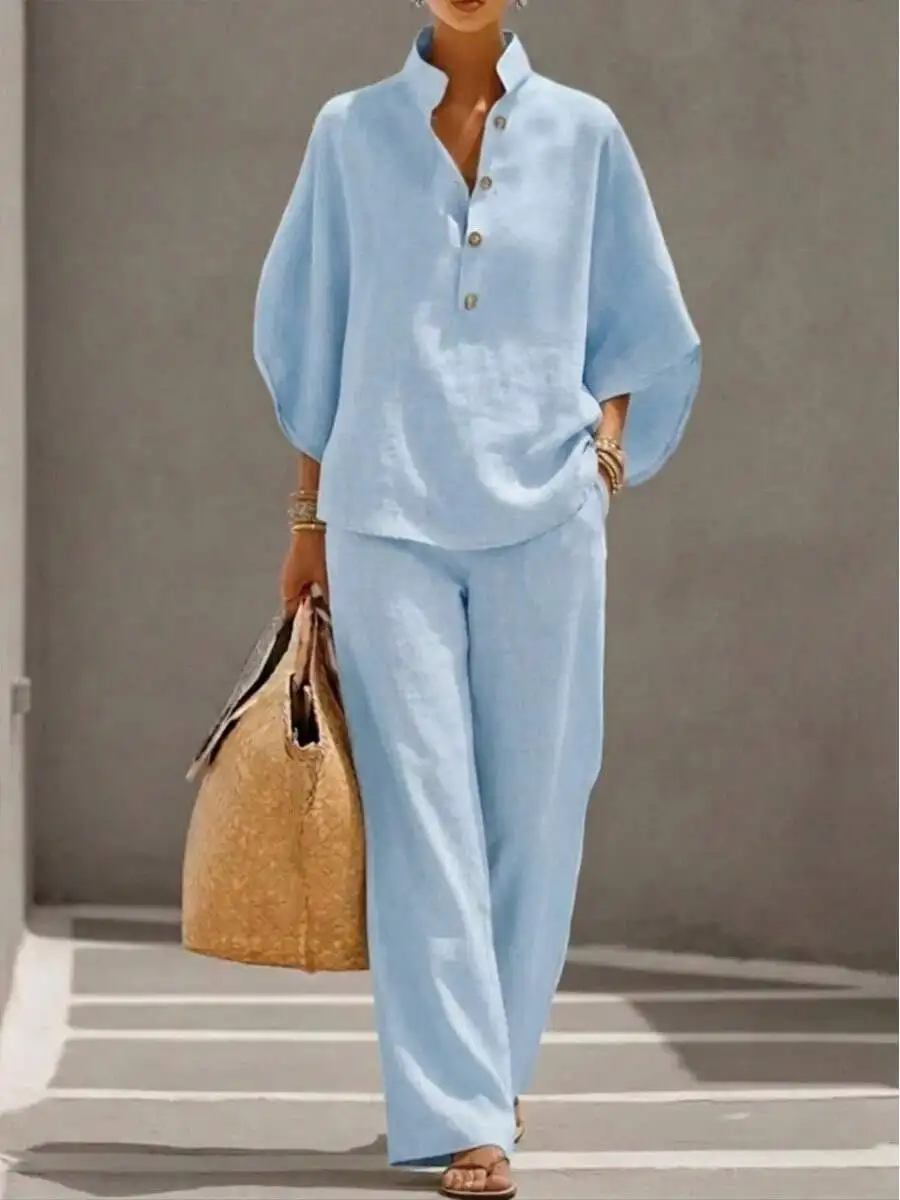 Women's Stand Collar Half-Button Two-Piece Linen Set, Batwing Sleeve Blouse With Elastic Waist Wide Leg Pants, Relaxed Fit Silho