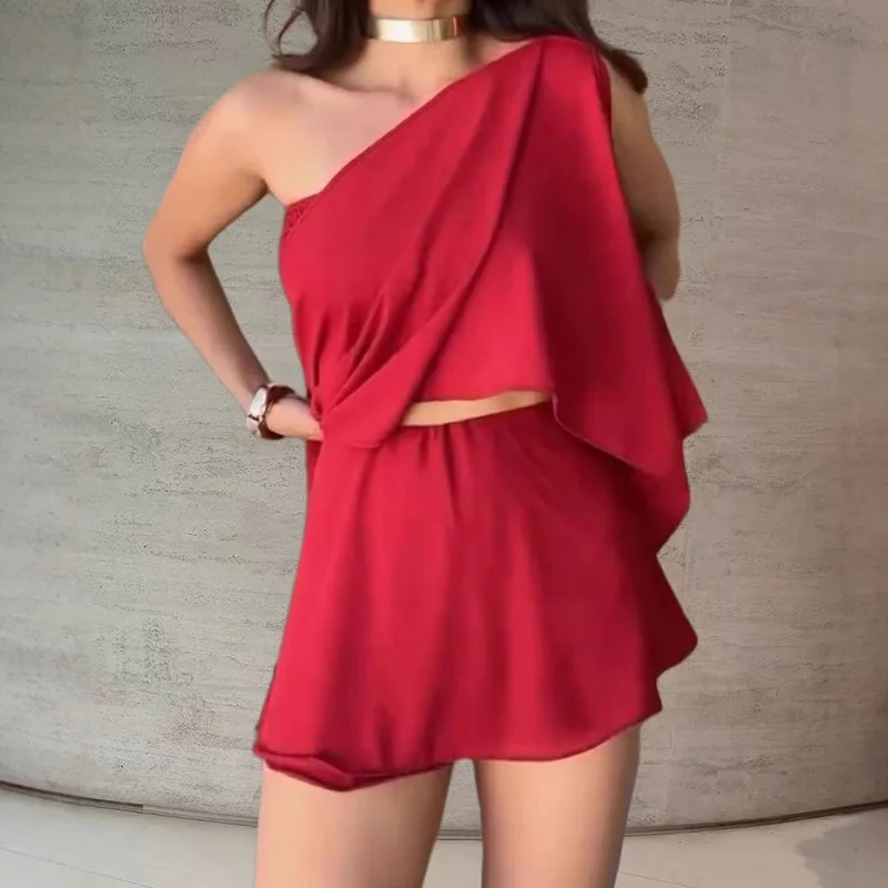 

Ladies Fashion Navy Solid Group Of Pants Set Women's Outfit High Street Three Piece Tube Tops Bra&One Shoulder Blouse&Shorts Set